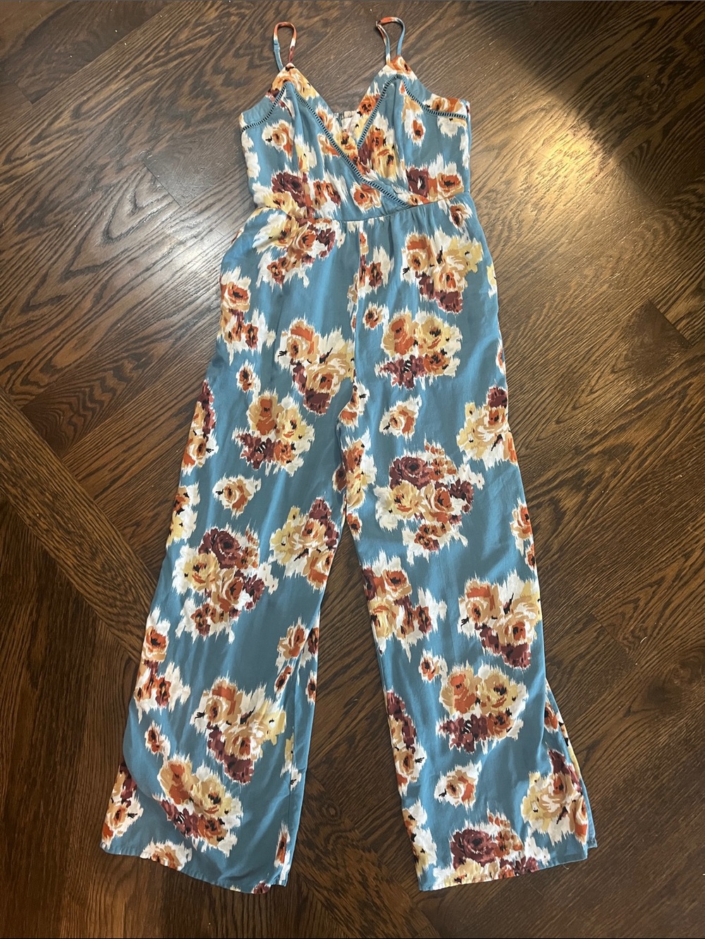 Floral V-Neck Wide Leg Jumpsuit in Dusty Blue medium floral brown tan straps